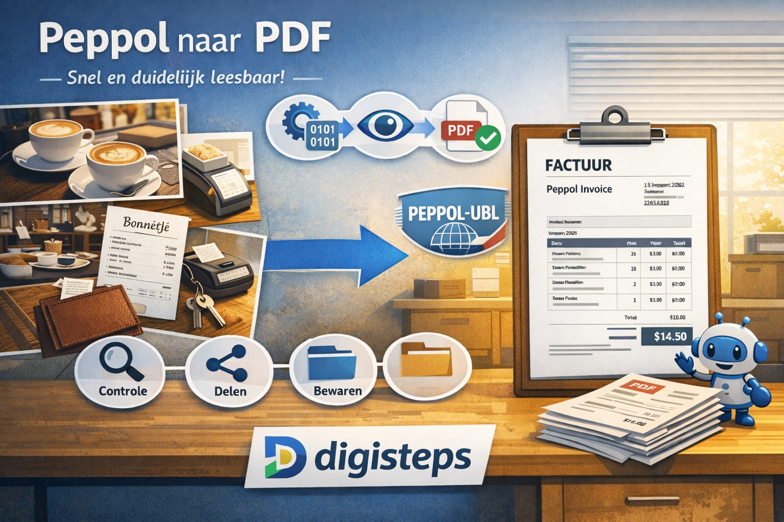 Flyer met overzicht van de Peppol naar PDF workflow